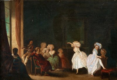 Danseskole av Niklas Lafrensen, kjent som Nicolas Lavreince eller Lavrince (1737-1807). Olje på tre, størrelse: 26,5x40, , Privat samling av Niclas II Lafrensen