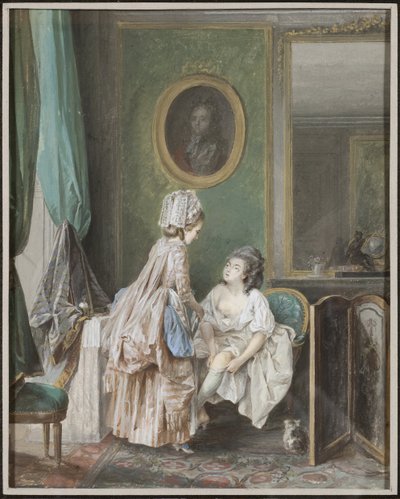Kvinne tar på seg strømper - Kvinne trekker i strømpen, av Lafrensen, Niclas (Nicolas Lavreince) (1737-1807). Gouache på papir av Niclas II Lafrensen