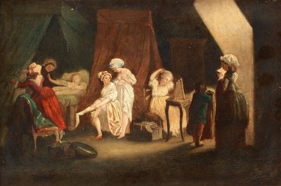 Lever des ouvrieres en mode, av Lafrensen, Niklas (Nicolas Lavreince eller Lavrince) (1737-1807). Olje på tre, størrelse: 27x39, , Privat samling av Niclas II Lafrensen