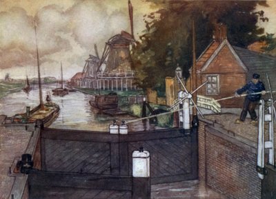 Noordervaldeursluis, Zaandam (farge litho) av Nico Jungman