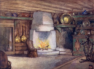 Norway: A Cottage Interiør, Telemarken (farge litho) av Nico Jungman