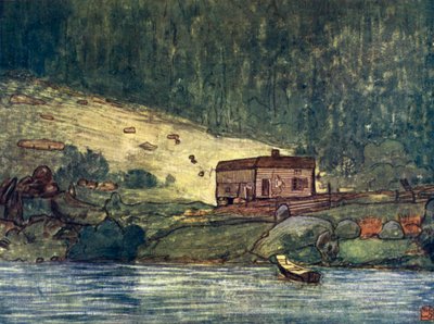 Norge: En liten gård ved elvebredden ved Gjora (farge litho) av Nico Jungman
