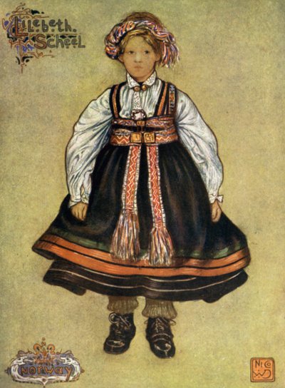 Norge: En liten Saetersdalen bondepike (farge litho) av Nico Jungman