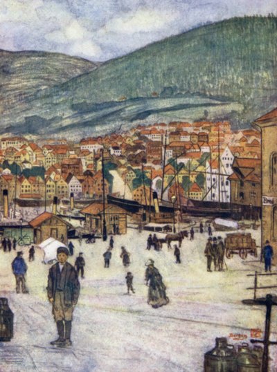 Norge: Bergen (farge litho) av Nico Jungman