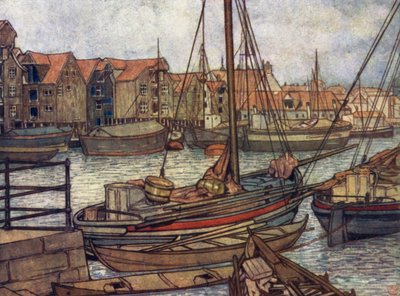 Norge: Bergens båter og lager (farge litho) av Nico Jungman