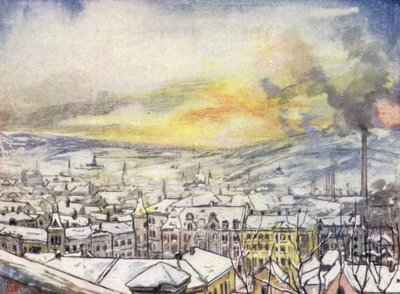 Norge: Christiania i fugleperspektiv (litho-farge) av Nico Jungman