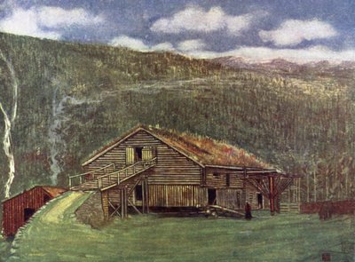 Norge: Gårdshus og mølle på Gjora (farge litho) av Nico Jungman