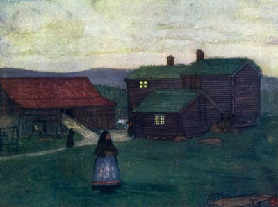 Norge: Gårdshus bygget av polakker (farge litho) av Nico Jungman