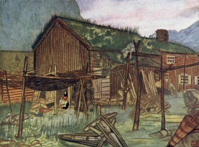 Norge: Fiskegarn ved Sundalsoren (farge litho) av Nico Jungman