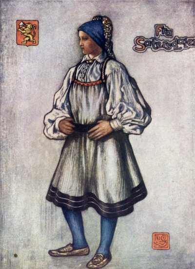 Norge: Saetersdalen bondepike (farge litho) av Nico Jungman