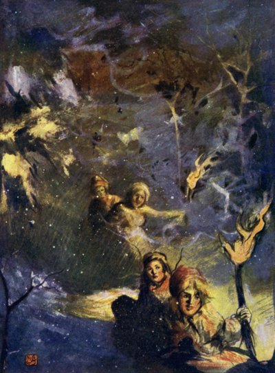 Norge: Sleding by Torchlight (farge litho) av Nico Jungman