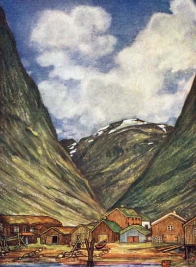 Norge: Snødekte fjell ved Sundalsoren (farge litho) av Nico Jungman