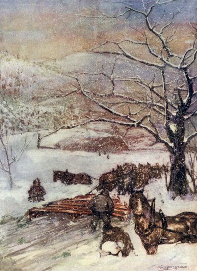 Norge: Snøplog tegnet av åtte eller ti hester (litho-farge) av Nico Jungman