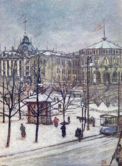 Norge: Storthingets hus, Christiania (farge litho) av Nico Jungman