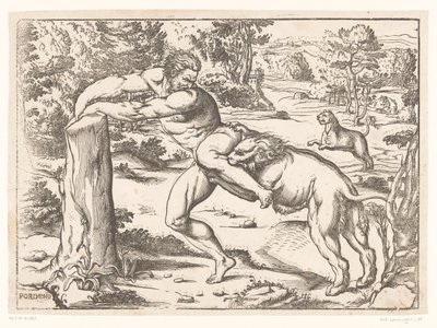 Milo av Croton angrepet av en løve av Nicolò Boldrini (attributed to)