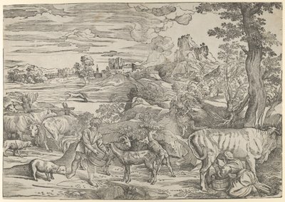 Landskap med en melkepike til høyre og en gutt til venstre, ca. 1535-40., ca. 1535-40. av Nicolò Boldrini