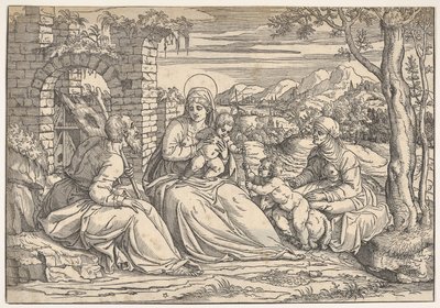 Den hellige familie med de hellige Elizabeth og Johannes, ca. 1550. av Nicolò Boldrini
