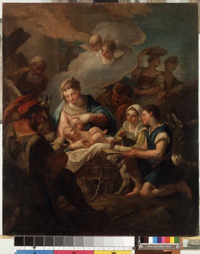 ""Tilbedelse av Kristusbarnet"" (Tilbedelsen av Kristusbarnet) Maleri av Nicola Grassi (1682-1748) Mikalojus Konstantinas Ciurlionis Museum of Fine Arts fra 1700-tallet, Kaunas, Litauen av Nicolò Grassi