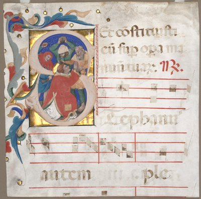 Fragment of an Antiphonary with Historiated Initial S: The Stonening of St. Stephen, ca. 1370-1372. av Nicolò da Bologna