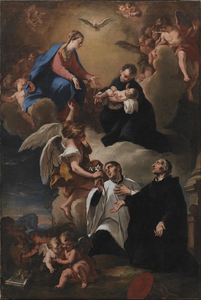 Den hellige ånd, englene og jomfruen med de hellige Markus, Stanislau Kostka (holder barnet), Aloysius Gonzaga og Francesco Borgia av Nicola Grassi