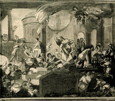 Jesus driver kjøpmenn fra tempelet, olje på lerret av Nicola Malinconico (1663-1721), Basilica of Sant