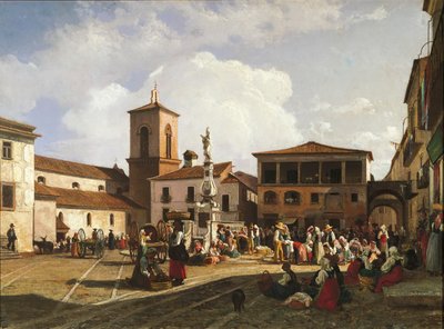 Benevento (Campania-regionen), Orsini-plassen med katedralens klokketårn og fontenen dedikert til pave Orsini (olje på lerret) av Nicola Palizzi