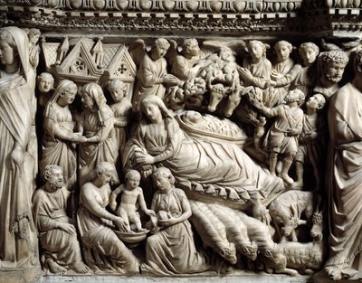 Gotisk kunst og arkitektur: Visitation and Nativity - Detalj av basrelieffene av marmorpulten som Nicola Pisano (1215/20-1278/84) laget mellom 1266 og 1268 (marmorprekestoldetaljer, besøk og fødsel) Cathedrale Notre-Dame- de-l