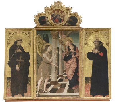 Bebudelsen mellom de hellige Johannes Gualbert og Benedikt, ca. 1500–05 (triptykon på panel) av Nicola de Maestro Antonio