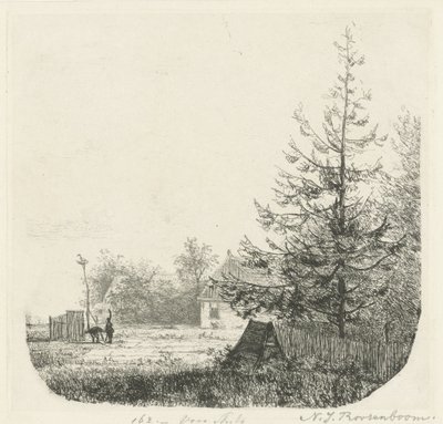 Trefylt landskap med et storkereir av Nicolaas Johannes Roosenboom