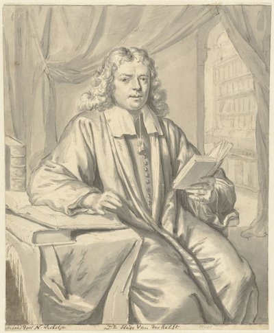 Portrett av Dr. Hugo van der Helst i et studierom av Nicolaas Verkolje