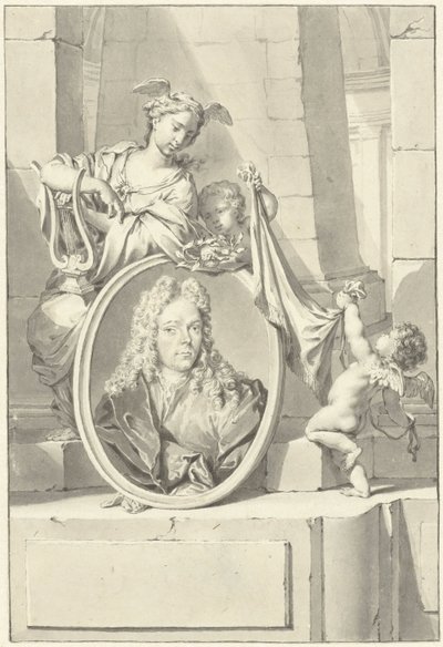 Putti og en kvinne nær en medaljong med portrettet av Arnold Houbraken av Nicolaas Verkolje