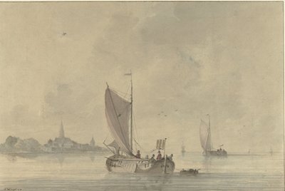 Seillektere på vannet foran en nederlandsk by av Nicolaas Wicart
