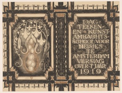 Omslagsdesign for: Rapport fra Dagteeken- en Kunstambachtschool for Girls i Amsterdam om året 1919 av Nicolaas van de Vecht