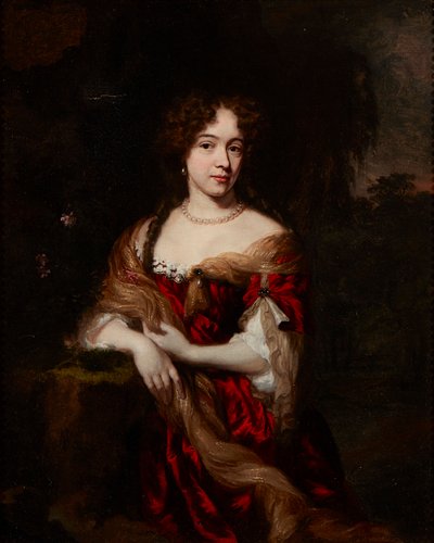 Tre fjerdedels portrett av en dame i en rød kjole (olje på lerret) av Nicolaes (follower of) Maes