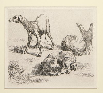 2 etsninger fra The Set of Various Animals, med mannen under trærne, den såkalte mannen av Nicolaes Berchem