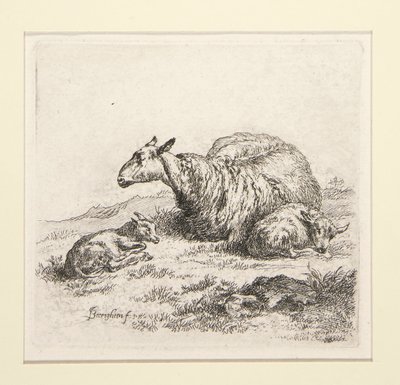 2 etsninger fra The Set of the Sheep med gjeterinnen og sauen, den såkalte kvinnen av Nicolaes Berchem