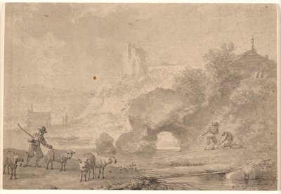 Gjeter og fiskere i et sørlig elvelandskap av Nicolaes Berchem