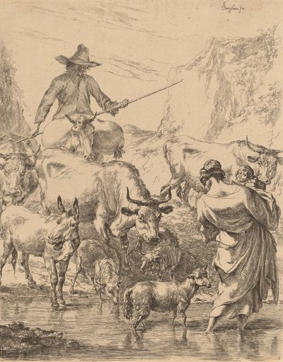 flokk krysser bekken. av Nicolaes Berchem