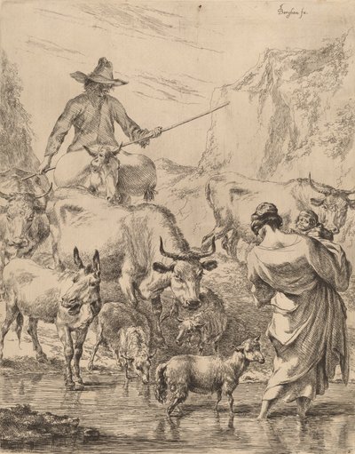 flokk krysser bekken. av Nicolaes Berchem