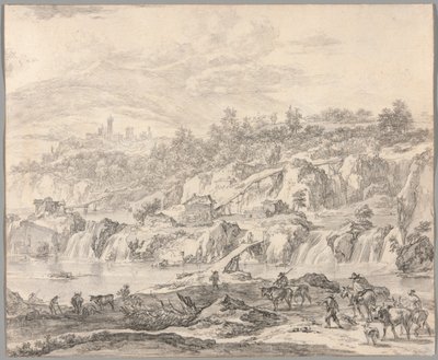 Landskap med fossefall og broer, bønder i forgrunnen av Nicolaes Berchem