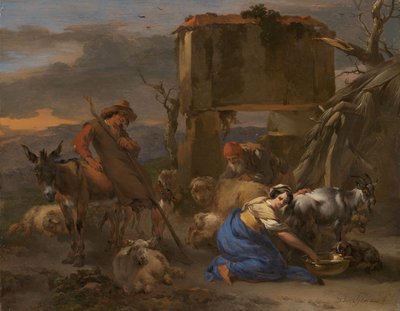 Pastoral scene med en gjeterinne som melker en geit av Nicolaes Berchem