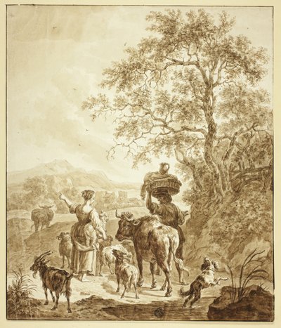 Hyrde og bonde med flokk i italiensk landskap av Nicolaes Berchem