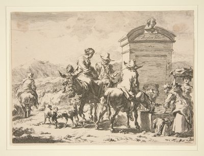 Uten tittel - Sjangerscene med mennesker på esler og en gravstein av Nicolaes Berchem