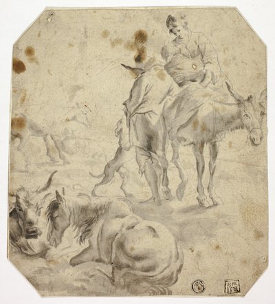 Kvinne og barn på esel, mann, hunder, hester av Nicolaes Berchem