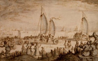 Prins Maurits von Nassaus Landjachten am Strand von Scheveningen, ca. 1614-15 von Nicolaes Jansz  Visscher