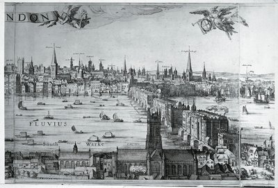 Storbritannia, England, utsikt over London City med London Bridge av Nicolaes Jansz (1586 1652) Visscher