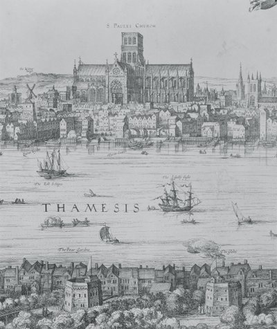Panorama over London og Themsen, detalj fra del to som viser St. Pauls Cathedral og Globe Theatre, ca. 1600 graveringsdetalj av 7214 av Nicolaes Jansz Visscher