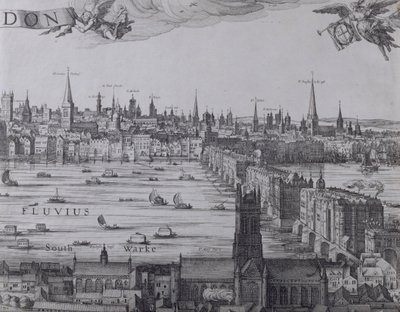 Panorama over London og Themsen, del tre som viser Southwark, London Bridge og kirkene i byen, ca. 1600 (se også 7214, 64730 og 64732) av Nicolaes Jansz Visscher
