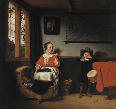 Ung kvinne med stang nær en vugge og en gutt med en tromme Den rampete trommeslageren / Ung kvinne med stang nær en vugge og en gutt med en tromme av Nicolaes Maes