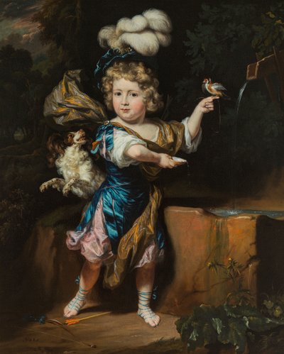 Gutt med fugl og hund ved en fontene Gutt med fugl og hund ved en fontene av Nicolaes Maes